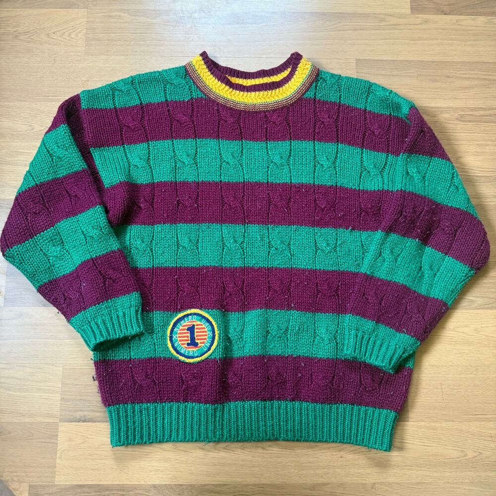 Vintage 90's Bravo Numero Uno Green Purple Cable Knit Striped Sweater Sz Large